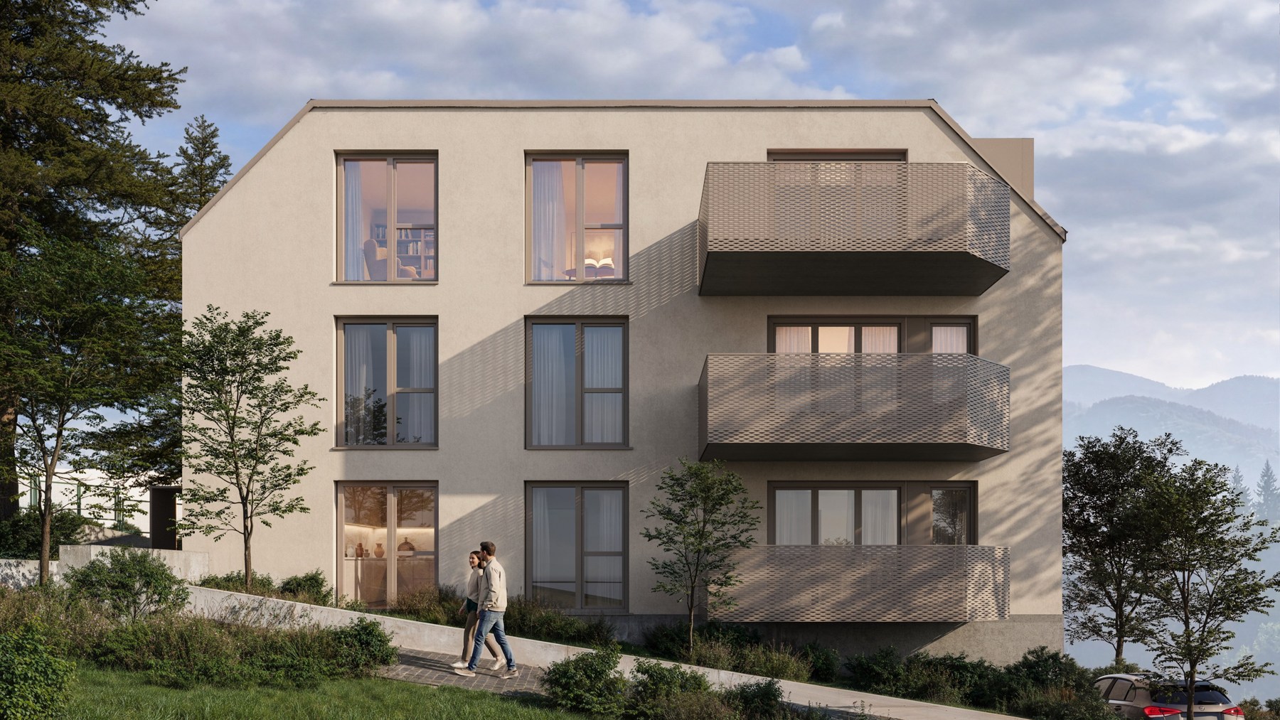 Visualisierung der Gartenseite: dreigeschoßiges Wohnhaus mit Balkonen, Bäume, Abendlicht