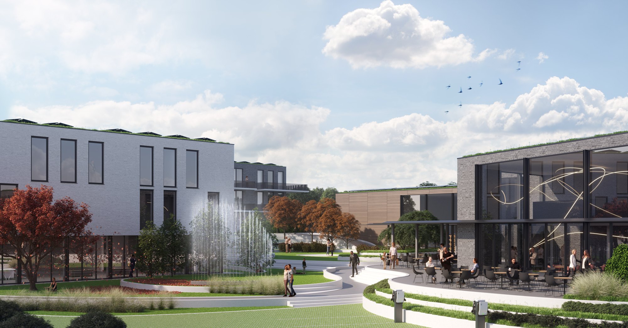 Rendering des neuen Dorfplatzes in Sierndorf mit Gemeindezentrum, Café und begrünten Dächern, Blick von Osten