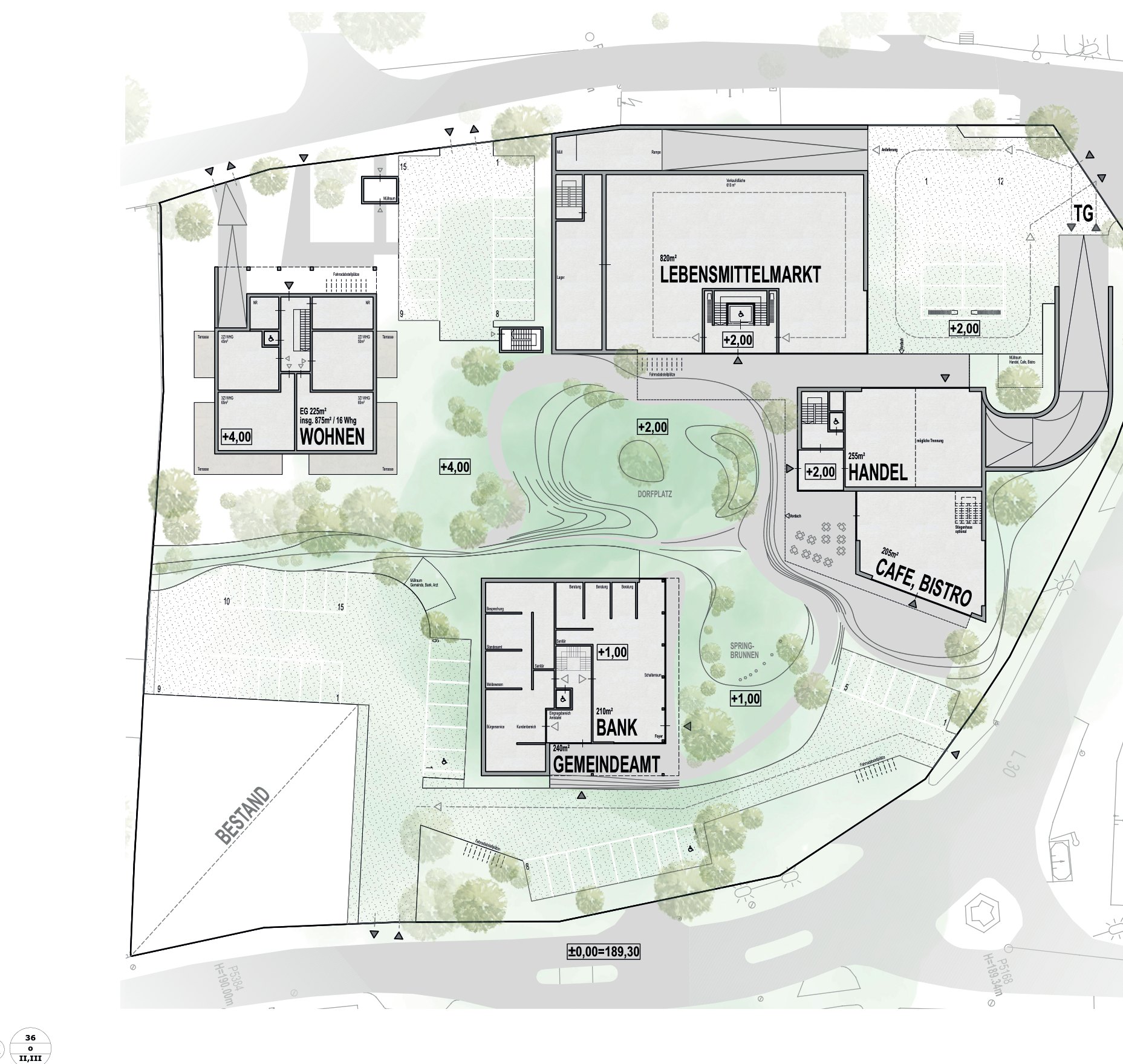 Lageplan des Erdgeschoßes im Maßstab 1:500 mit Dorfplatz, Springbrunnen und Nutzungen