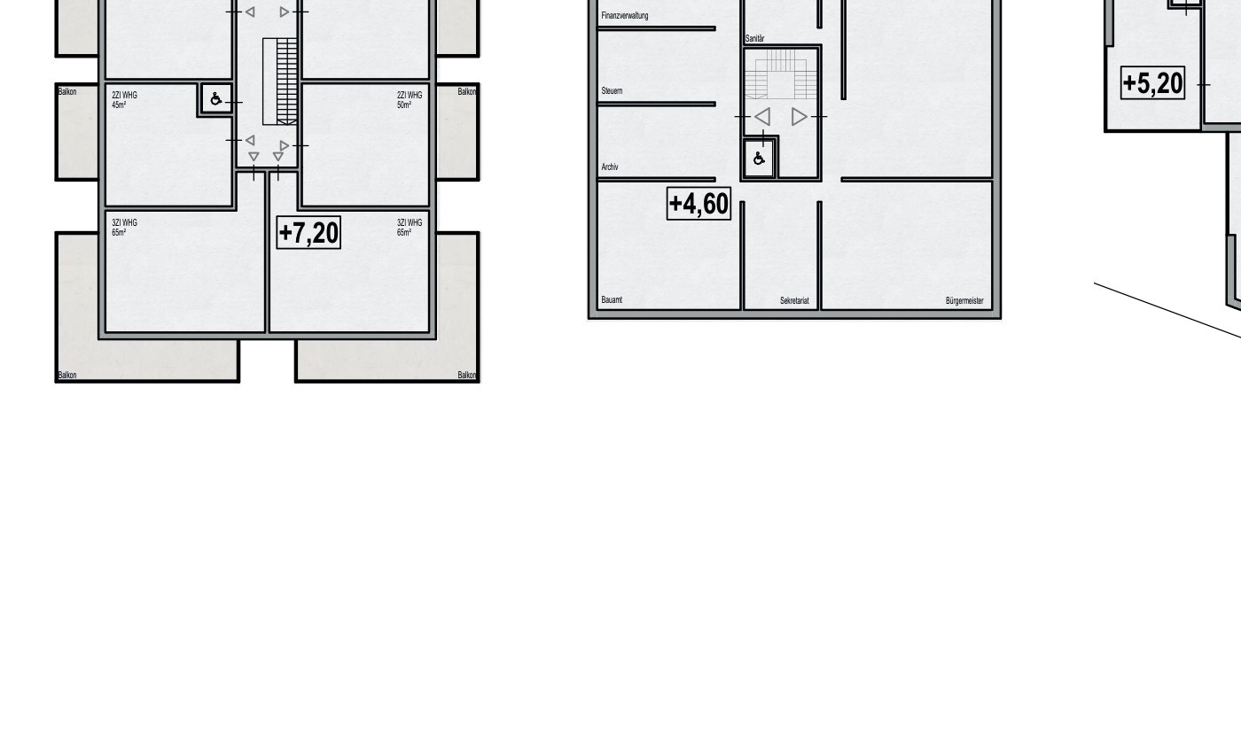 Grundrisse des ersten Obergeschoßes: Wohnungen mit Balkonen und Gemeindeamt mit Sitzungszimmer