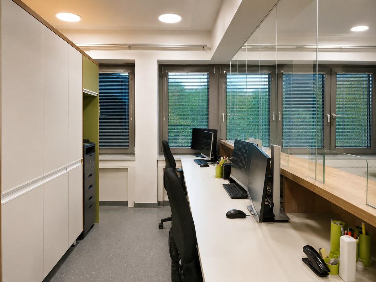 Backoffice mit langer Arbeitsplatte, Einbauschränken und Glaswand zum Empfang