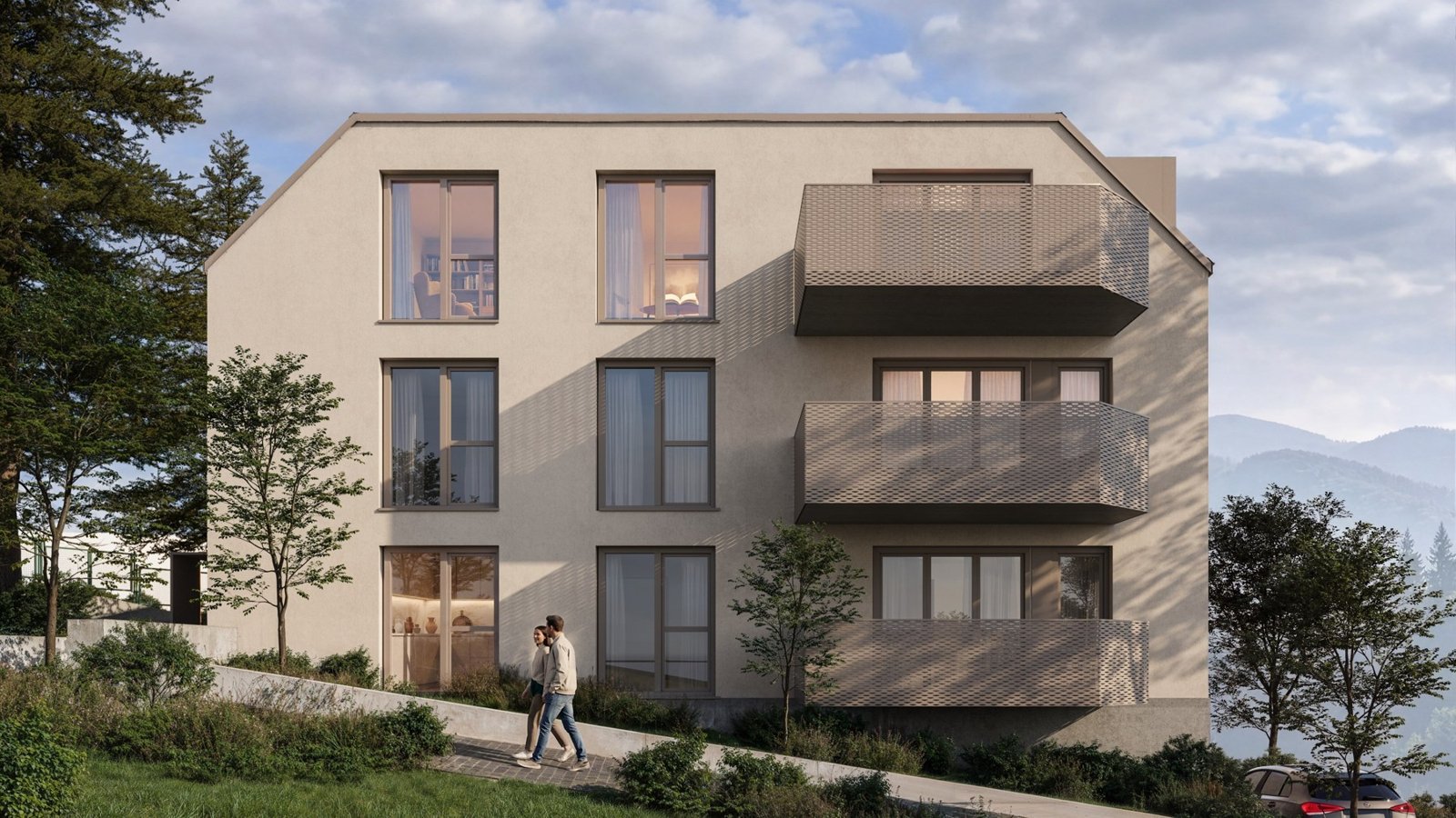 Wohnhaus mit Gartenseite und Balkonen, Rendering