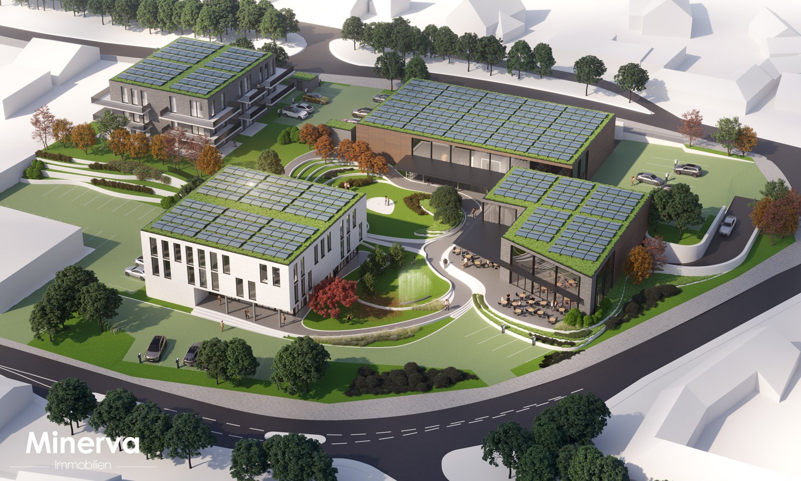 Rendering eines Gemeindezentrums mit begrünten Dächern und Vorplatz