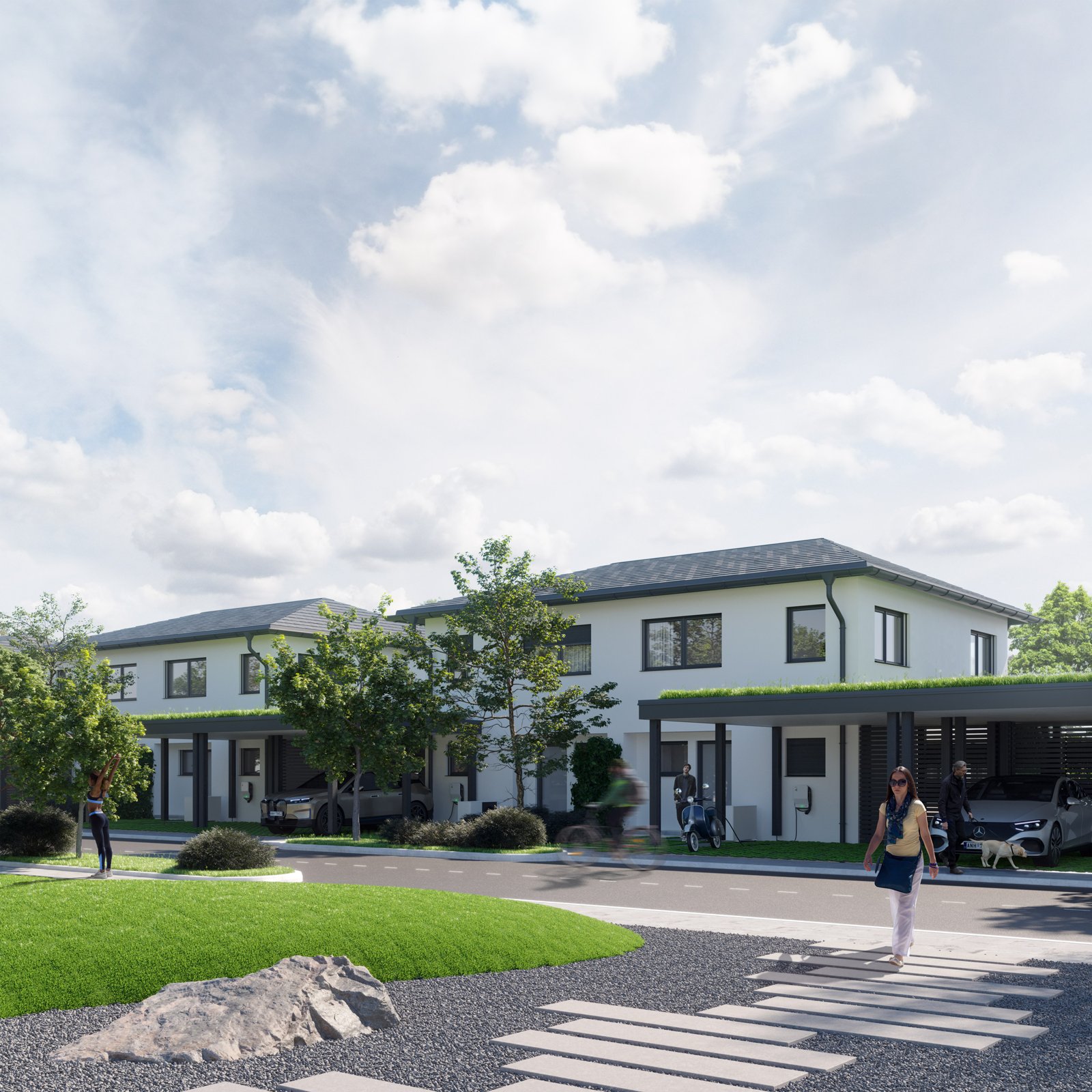 Rendering einer Doppelhausanlage mit Gärten und Carports