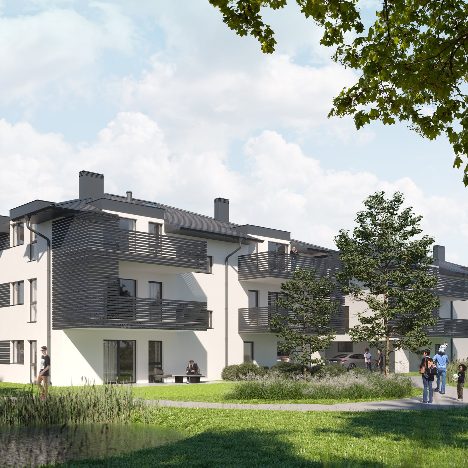 Rendering eines dreigeschoßigen Wohnhauses mit Balkonen im Grünen