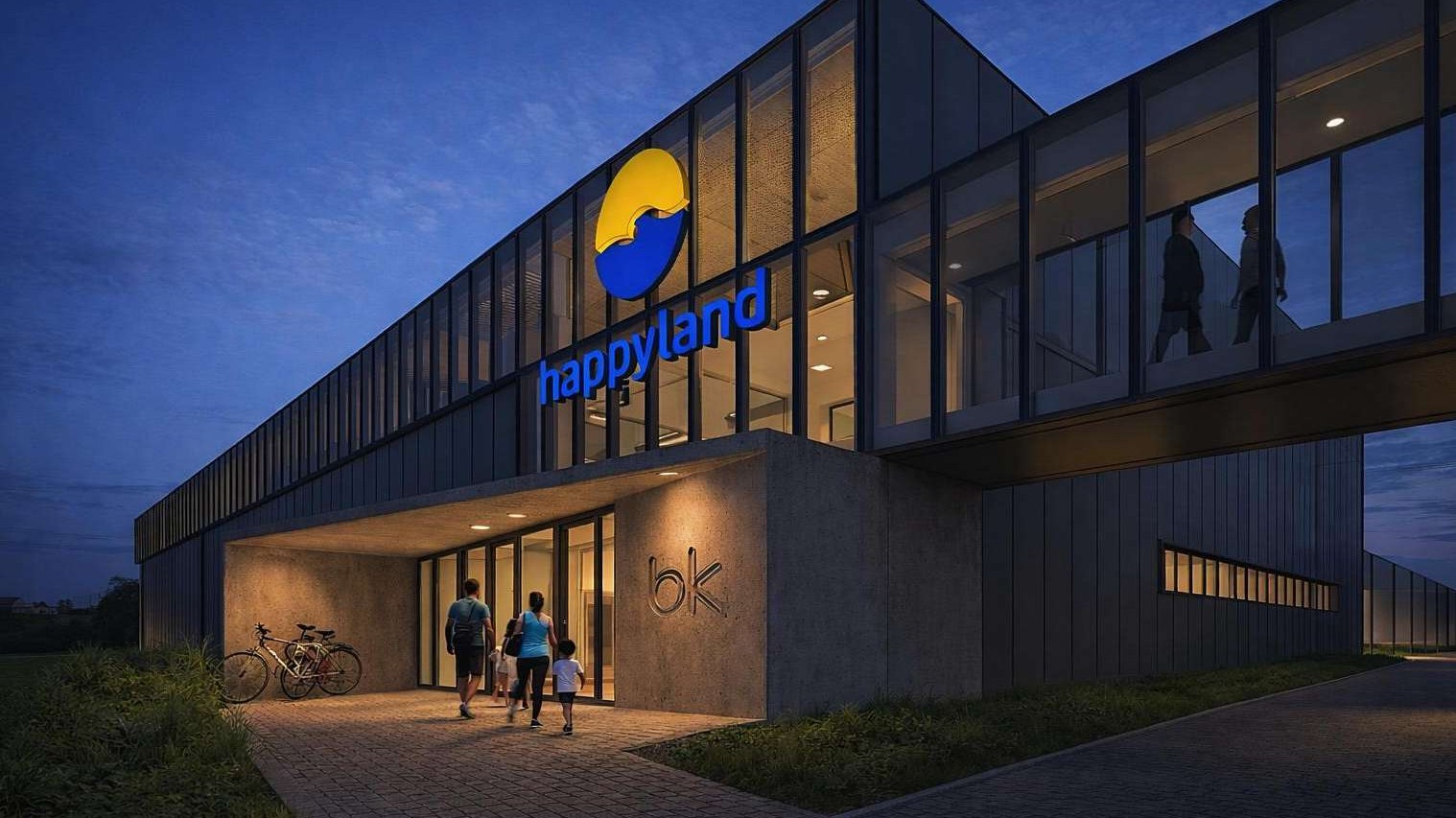 Visualisierung des beleuchteten Eingangs der Sporthalle Happyland bei Nacht