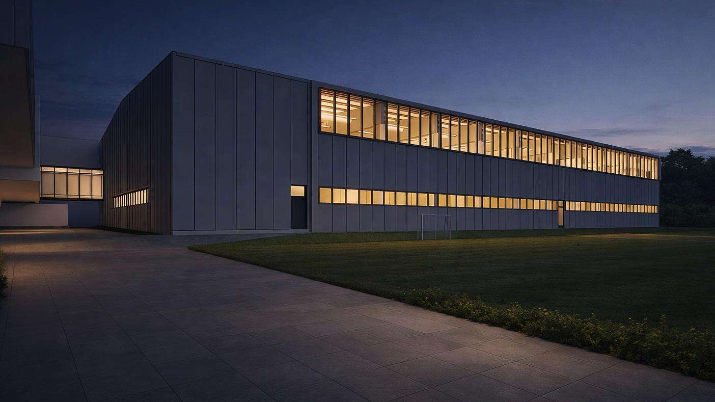Visualisierung der Sporthalle in der Dämmerung mit beleuchteten Fensterbändern