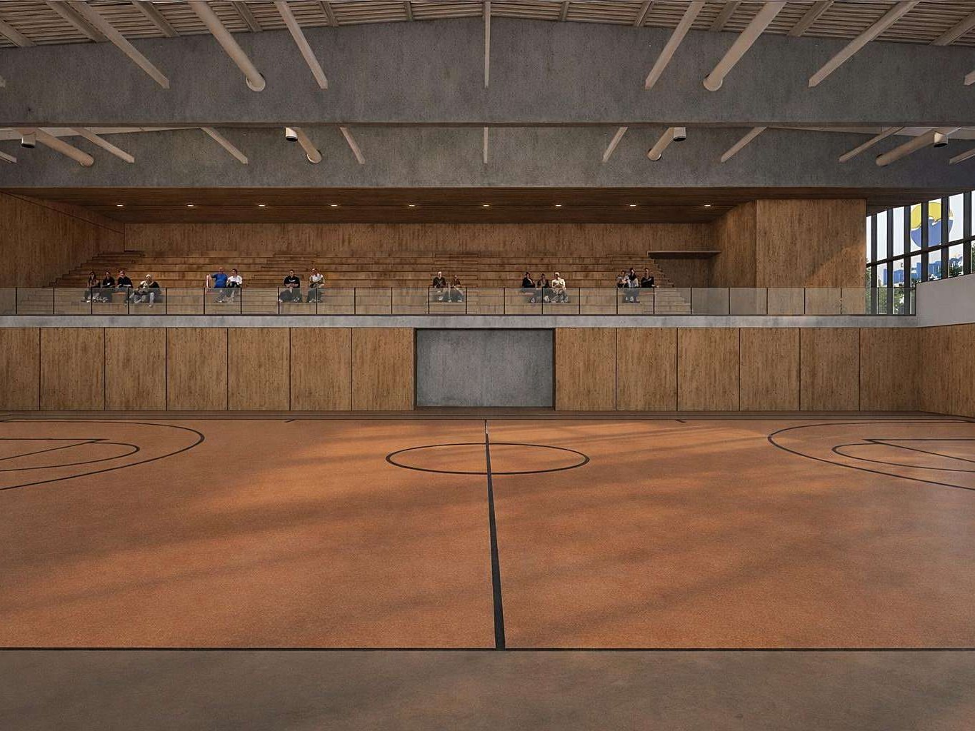 Visualisierung der Ballsporthalle mit Zuschauertribüne und Holzverkleidung