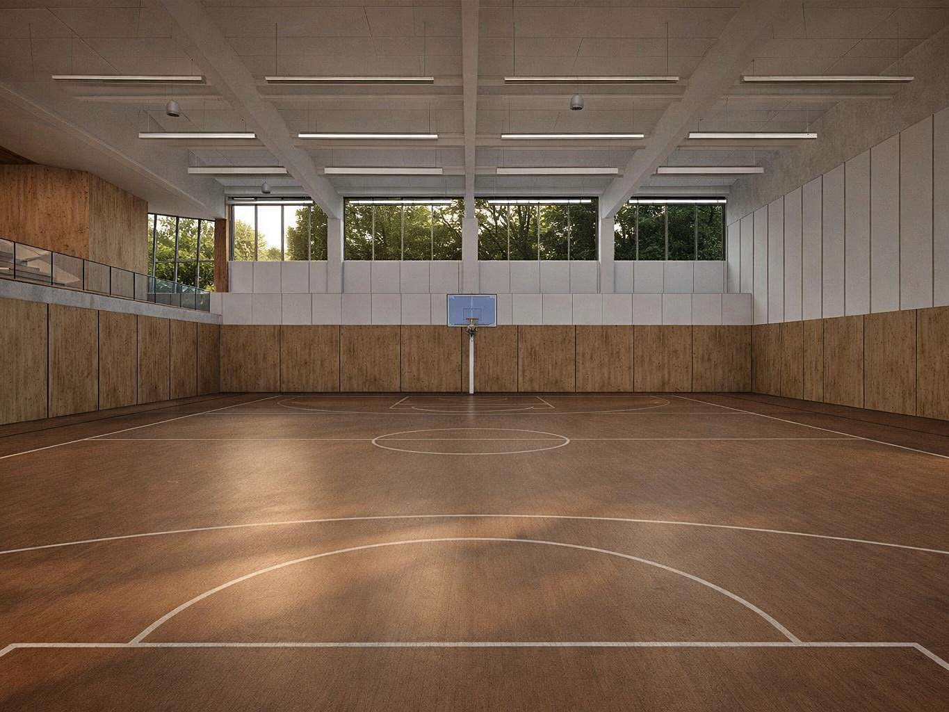 Visualisierung der Halle mit Basketballkorb und umlaufender Galerie