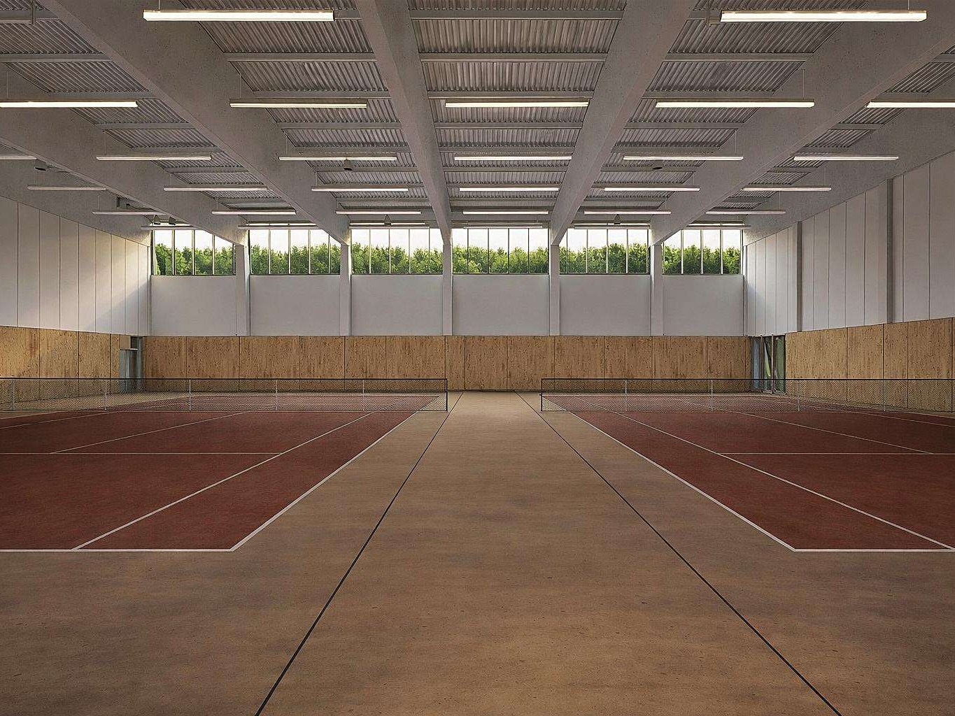 Visualisierung der Tennishalle in Längsrichtung