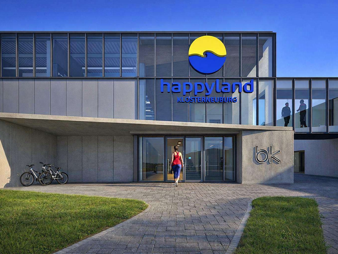 Visualisierung des Haupteingangs der Sporthalle bei Tag mit auskragendem Betonvordach