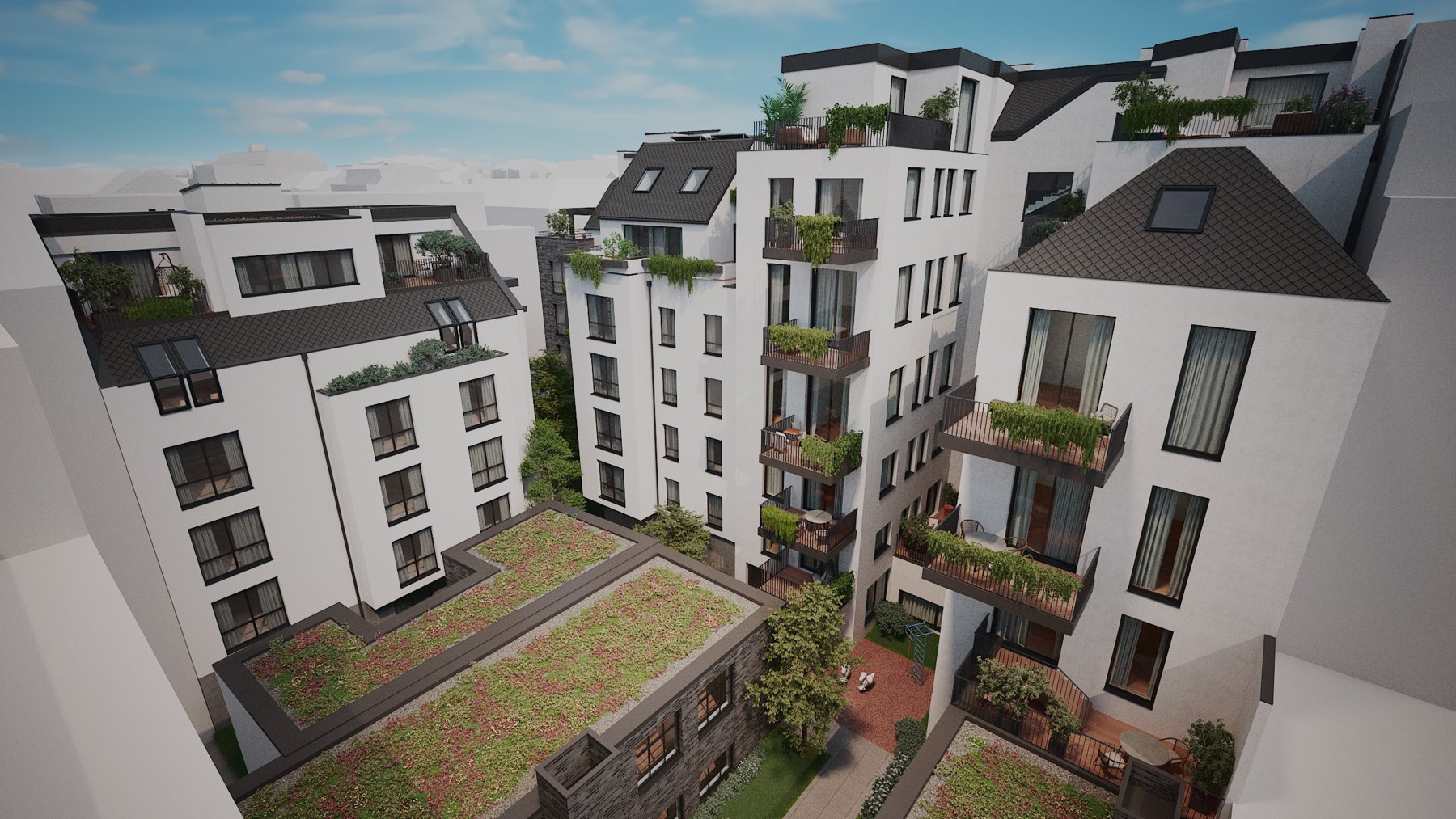 Visualisierung des Ensembles: sanierter Altbau, Neubau und begrünter Innenhof aus der Vogelperspektive