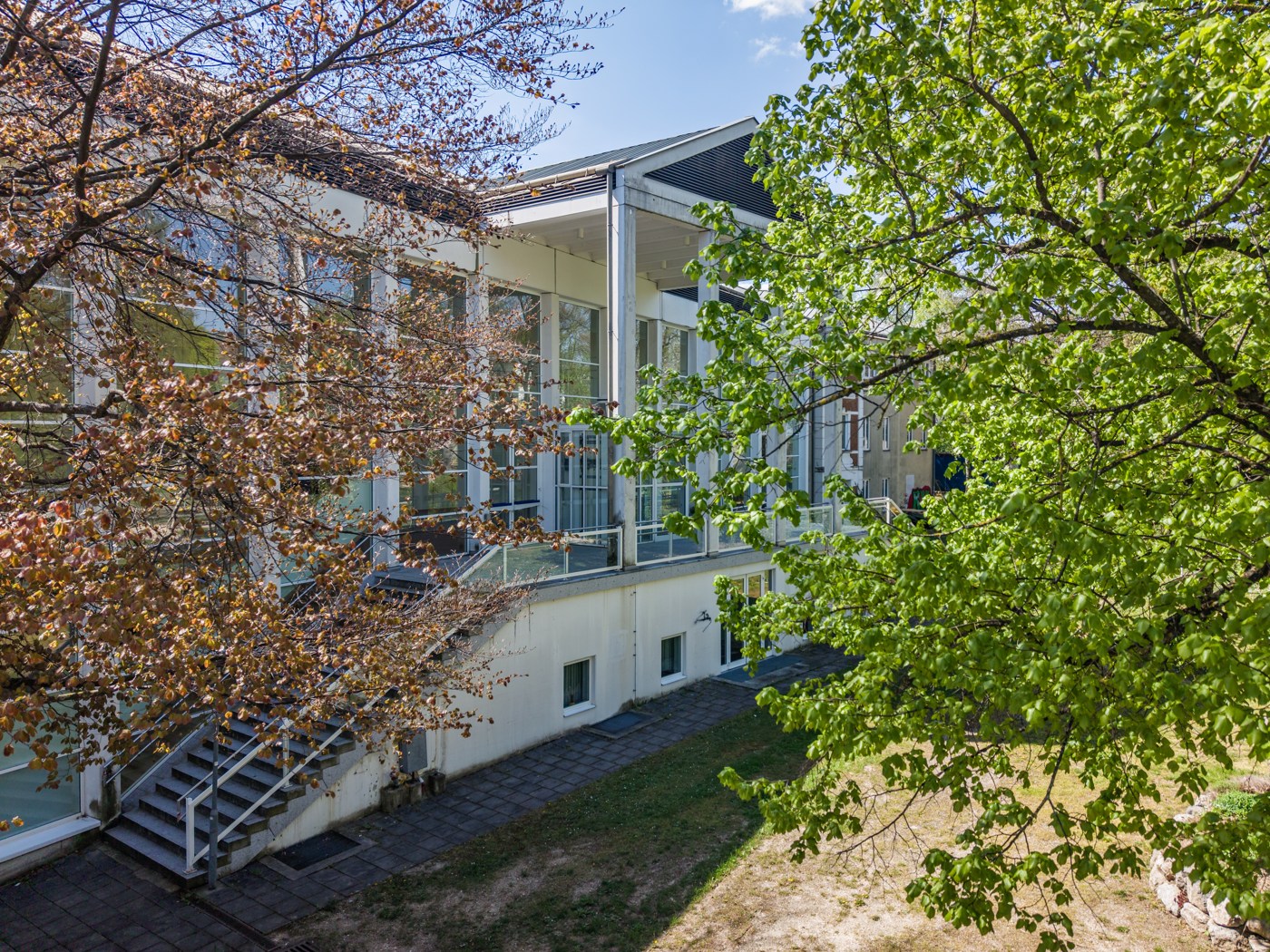 Seitenansicht des Stadtsaals mit umgebendem Baumbestand