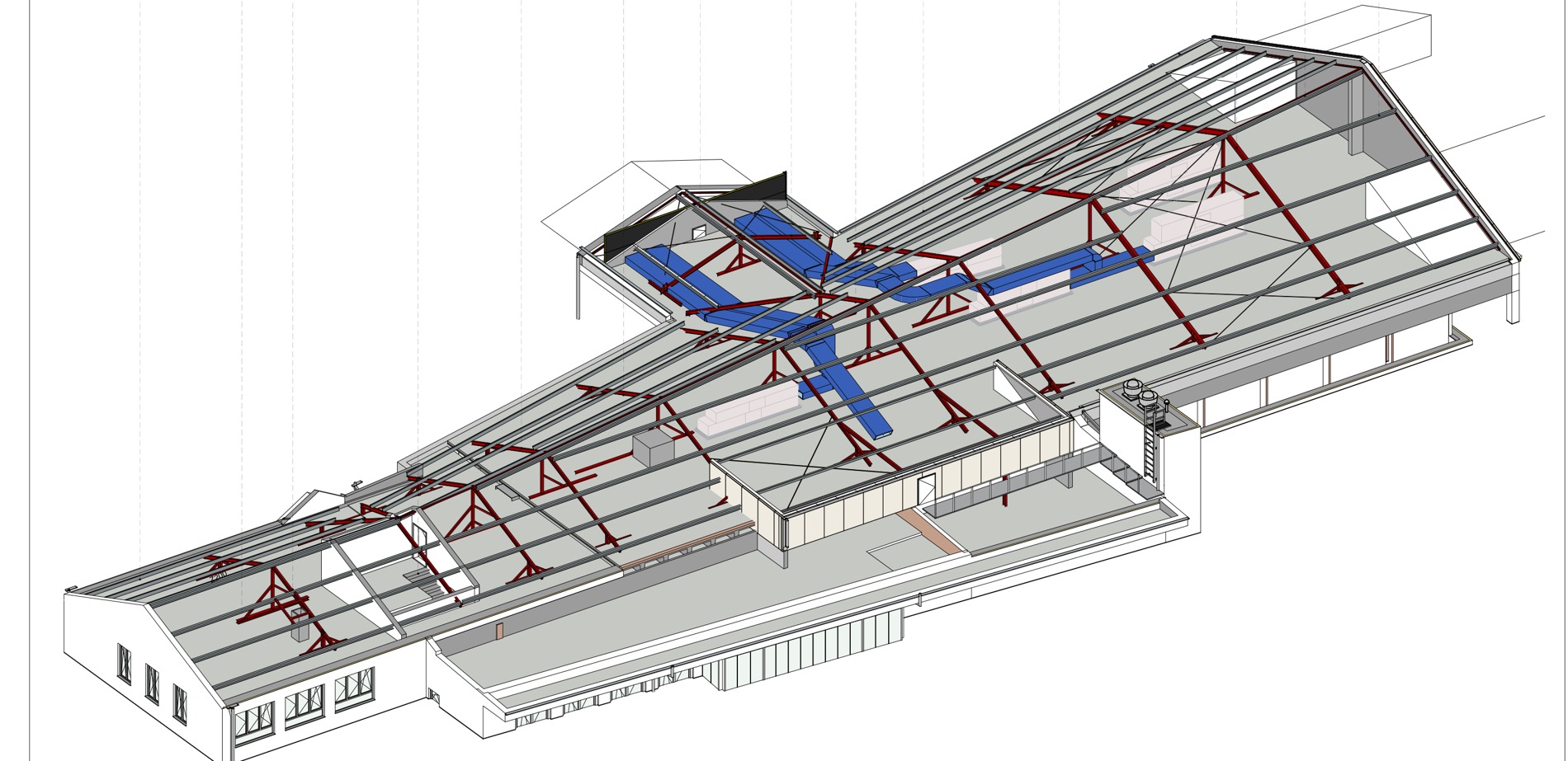 Axonometrie des Stadtsaals aus dem Gebäudemodell: Tragwerk rot, Lüftungsführung blau, Dachfläche transparent dargestellt