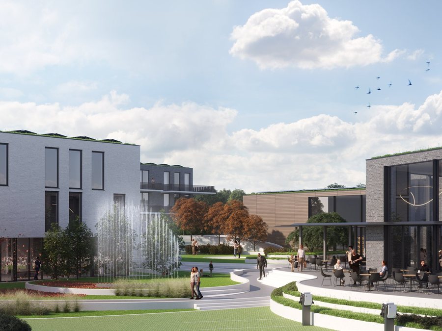 Gemeindezentrum mit Dorfplatz und Wasserspiel, Rendering